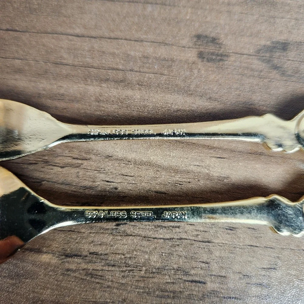 Vintage Gold Tone Rose Appetizer Fork and Spoon Set Stainless Steel Japan